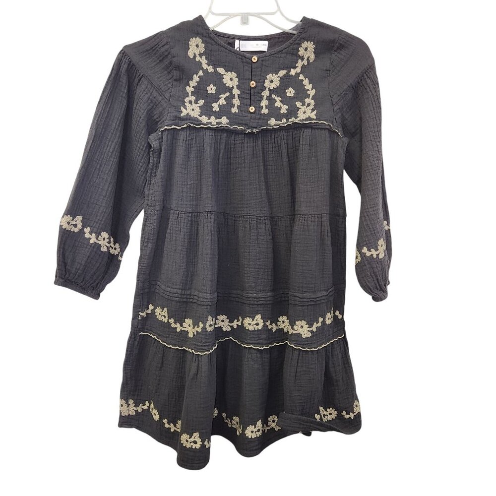 Zara Girl 10 Tiered Embroidered Dress With Button Front & Floral Details 3665
